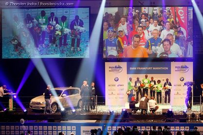 Event photographer Thorsten Indra documents the BMW Frankfurt Marathon 2011 for BMW: Mood and emotions in the finish area and awards at the Festhalle